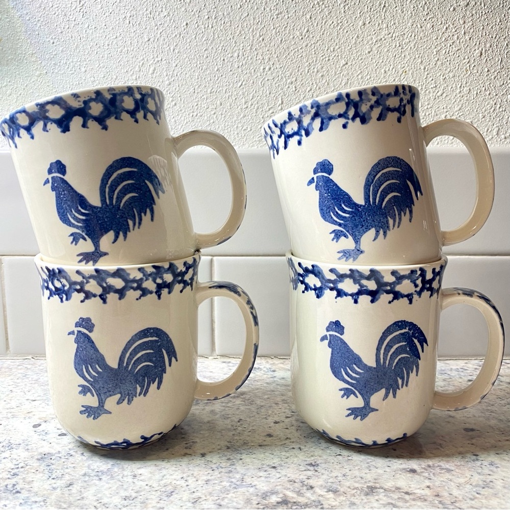 Vintage Collectable Tienshan Folk Craft Sponge Rooster Stoneware Coffee Cups x4